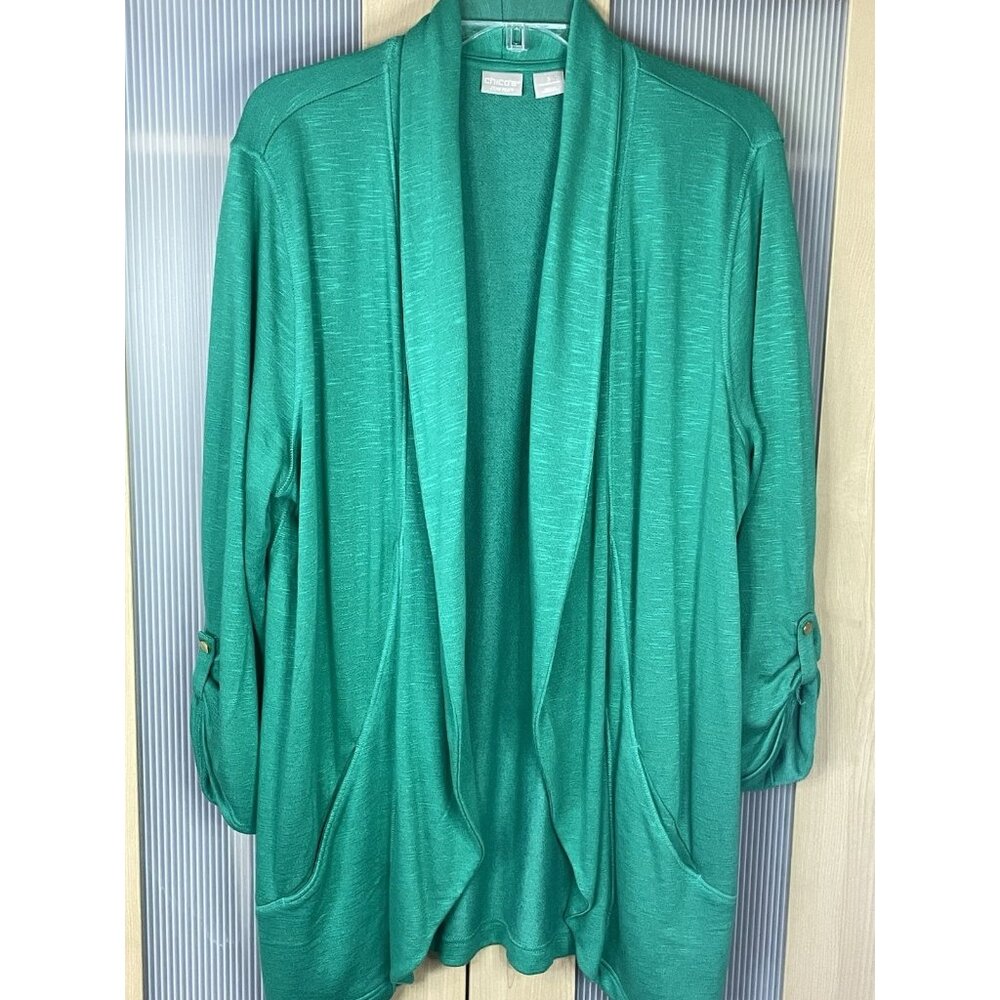 Chicos Zenergy Green‎ Open Front Cardigan Women’s 3 XL Casual Travel Coastal Top
